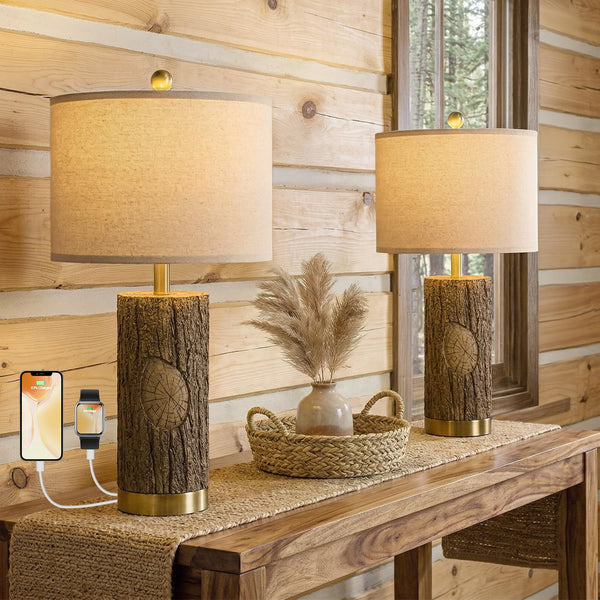 Rustic Farmhouse Table Lamp Set with USB Charging Ports