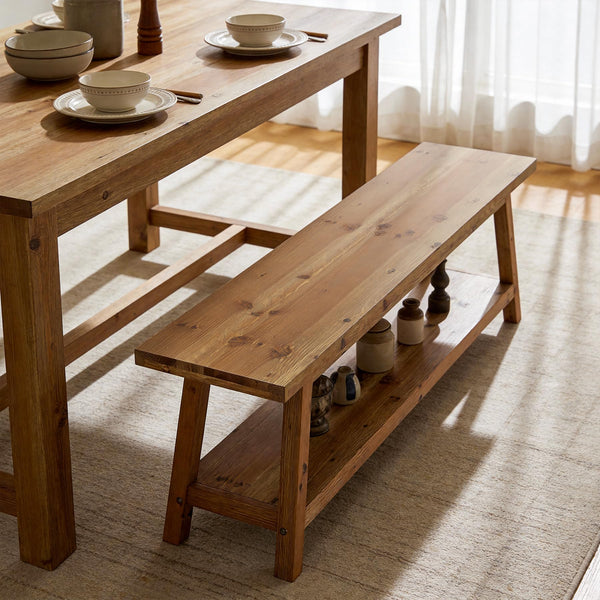 Solid Wood Farmhouse Dining Bench with Storage Shelf