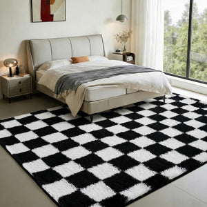 Checkered Shag Area Rug – Black & White Plush Non-Slip Carpet