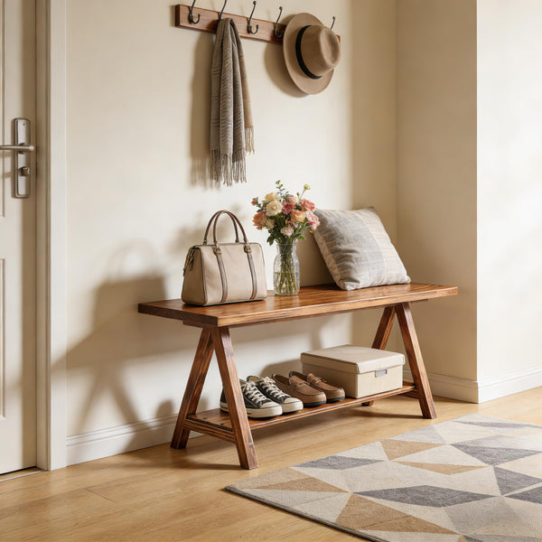 Rustic Solid Wood Entryway Bench with Storage Shelves