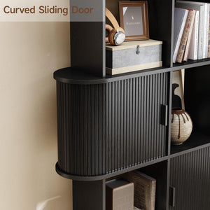 4-Tier Bookshelf with Sliding Door – Mid-Century Modern Freestanding Bookcase