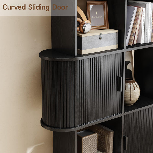 4-Tier Bookshelf with Sliding Door – Mid-Century Modern Freestanding Bookcase