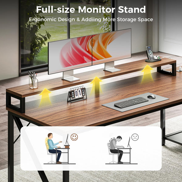 L-Shaped Executive Desk with File Cabinet, LED Lights & Power Outlet, 61 Inch Corner Computer Desk with Monitor Stand