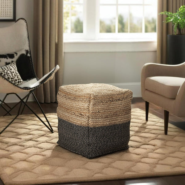 Jute Braided Pouf Ottoman – Brown & Black