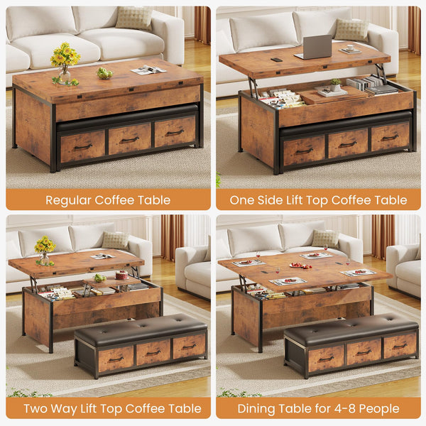 Lift Top Coffee Table Set with Storage & Ottoman Bench, 43"