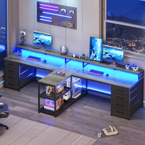 94.5" 2-Person Desk with Drawers, LED Lights, Monitor Stand & Power Strip