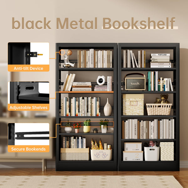 5-Tier Metal Bookcase with Adjustable Shelves