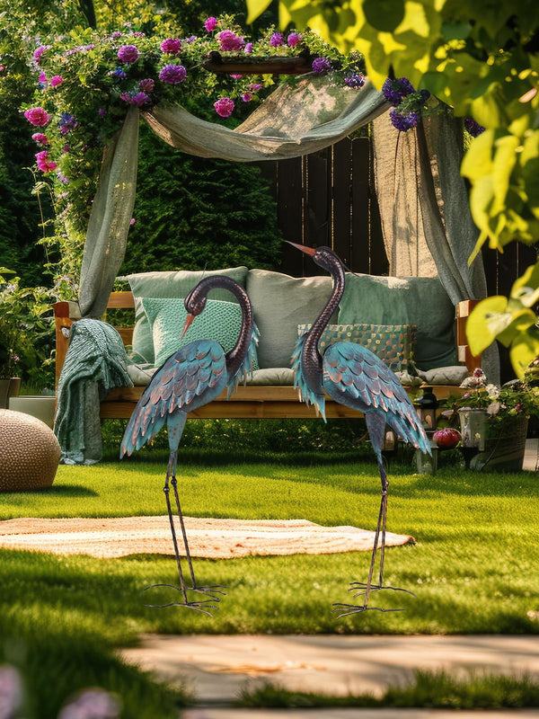 Metal Blue Heron Garden Statues Set of 2 – Outdoor Yard Art Lawn Sculptures