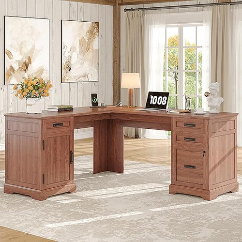 L-Shaped Executive Desk with File Cabinet & Charging Station, 67 Inch