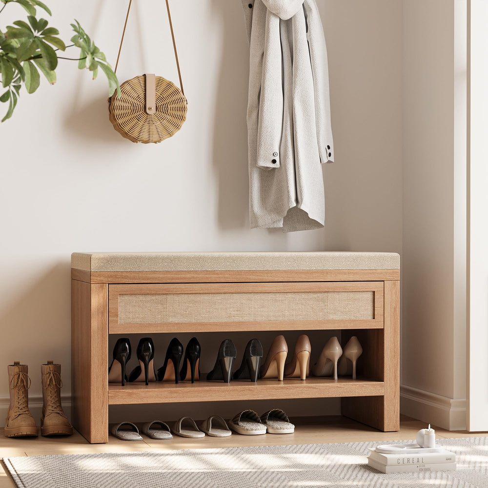 Farmhouse Shoe Bench with Storage Drawer & Linen Cushion