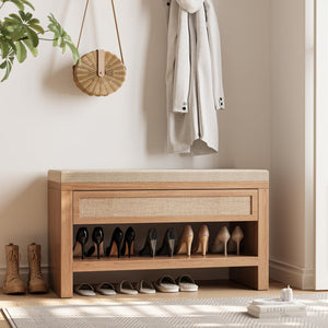 Farmhouse Shoe Bench with Storage Drawer & Linen Cushion