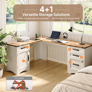 L-Shaped Farmhouse Executive Desk with Drawers & Charging Station