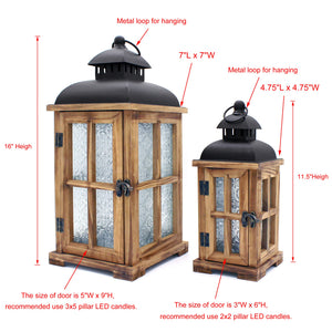Rustic Wood Candle Lanterns with Black Metal Top – Set of 2