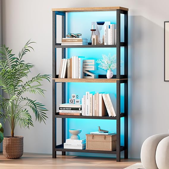 5-Tier Bookcase with LED Lighting & Open Storage Shelves