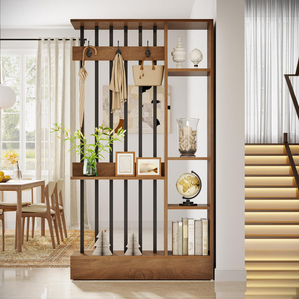 Modern Wood Room Divider with Open Shelves & Coat Hooks – Brown