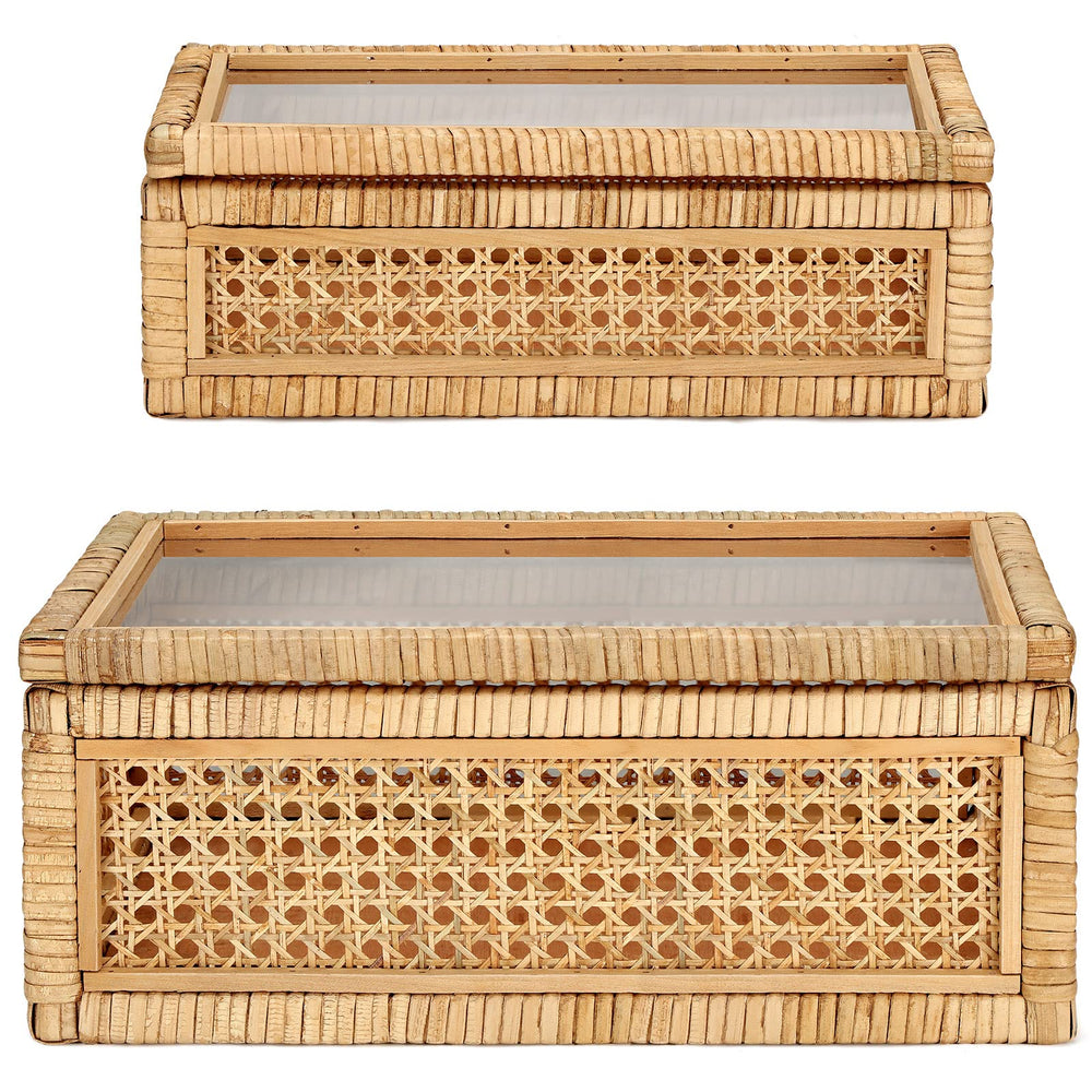 Rattan Storage Baskets with Glass Lids Set of 2