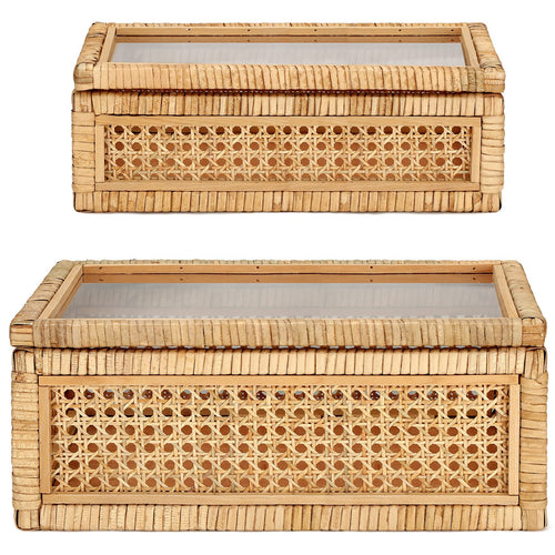 Rattan Storage Baskets with Glass Lids Set of 2