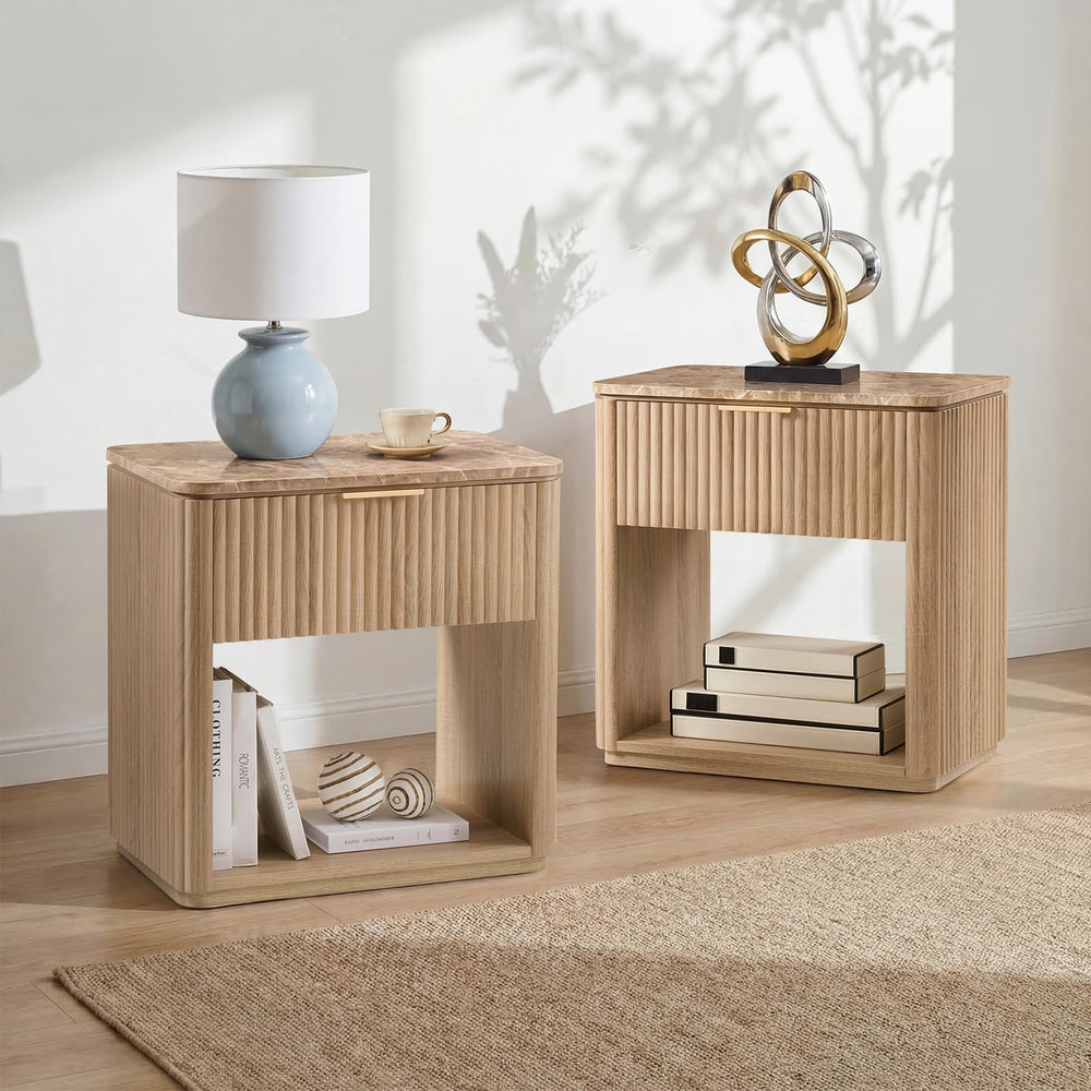 Fluted Nightstand Set of 2 with Faux Marble Top, Drawer & Open Shelf
