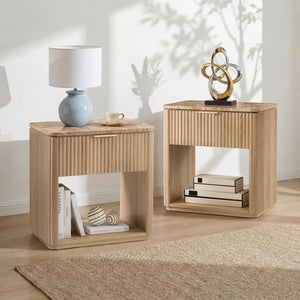 Fluted Nightstand Set of 2 with Faux Marble Top, Drawer & Open Shelf