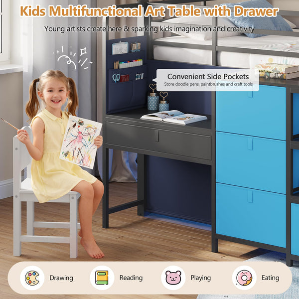Low Loft Bed with Desk, Storage Drawers & LED Lights – Twin