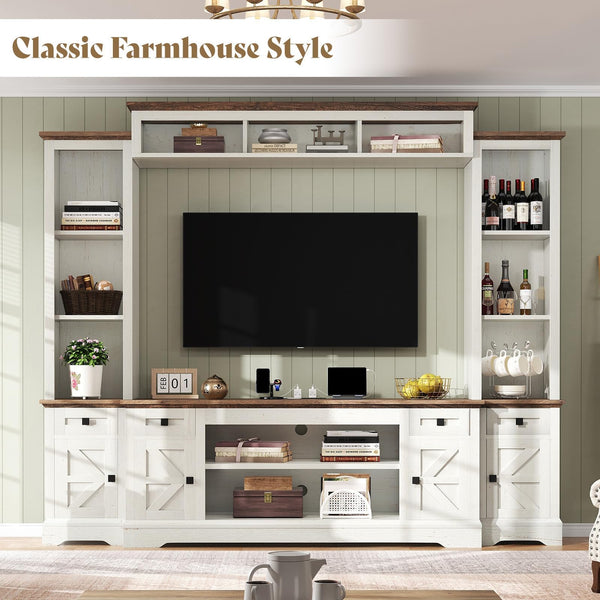 98" Farmhouse Wall Unit Entertainment Center with Barn Doors & Power Outlets