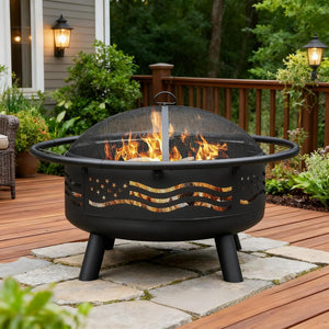 32-Inch American Flag Round Fire Pit