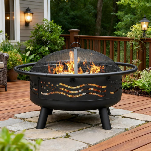 32-Inch American Flag Round Fire Pit