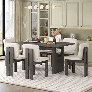 7-Piece Retro Dining Table Set for 6 with Upholstered Chairs