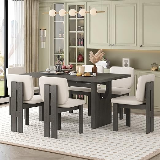 7-Piece Retro Dining Table Set for 6 with Upholstered Chairs