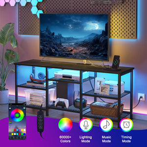 47.2" Metal & Wood TV Stand with Power Outlet, LED Lights & Open Storage Shelves