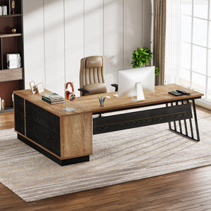 L-Shaped Executive Desk with File Cabinet and Storage Shelves