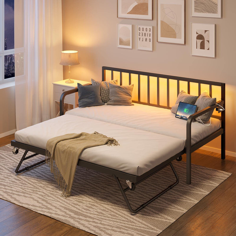 Twin Daybed with Trundle, Charging Station & LED Lights