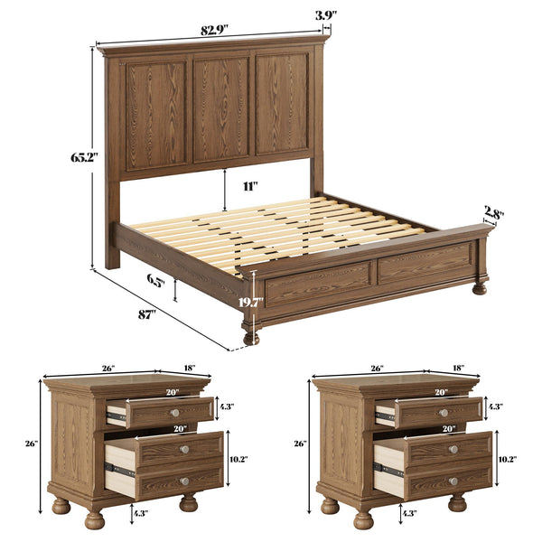 Solid Wood 3-Piece King Bedroom Set with Nightstands