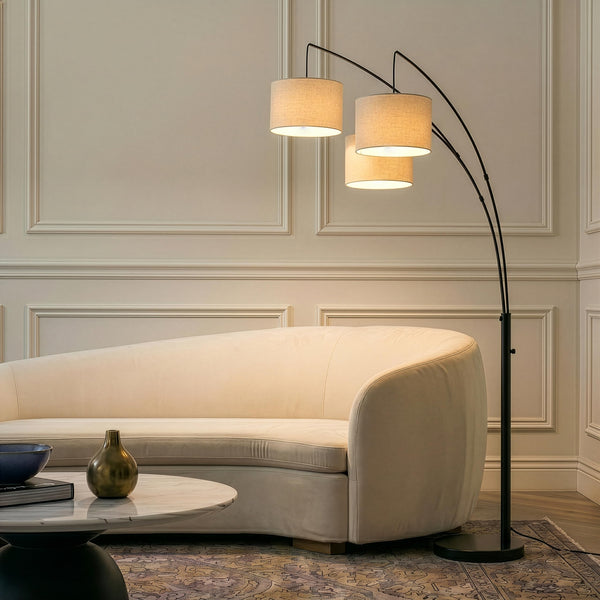Arc Floor Lamp with 3 Fabric Shades & Marble Base