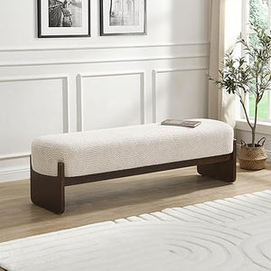 Rectangular Loop Yarn Ottoman Bench with Rubberwood Frame