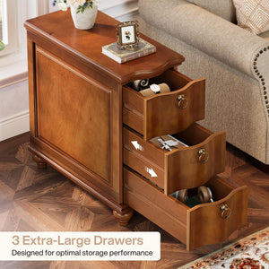 Walnut Brown 3-Drawer End Table with Solid Wood Legs