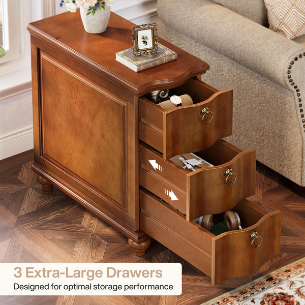 Walnut Brown 3-Drawer End Table with Solid Wood Legs