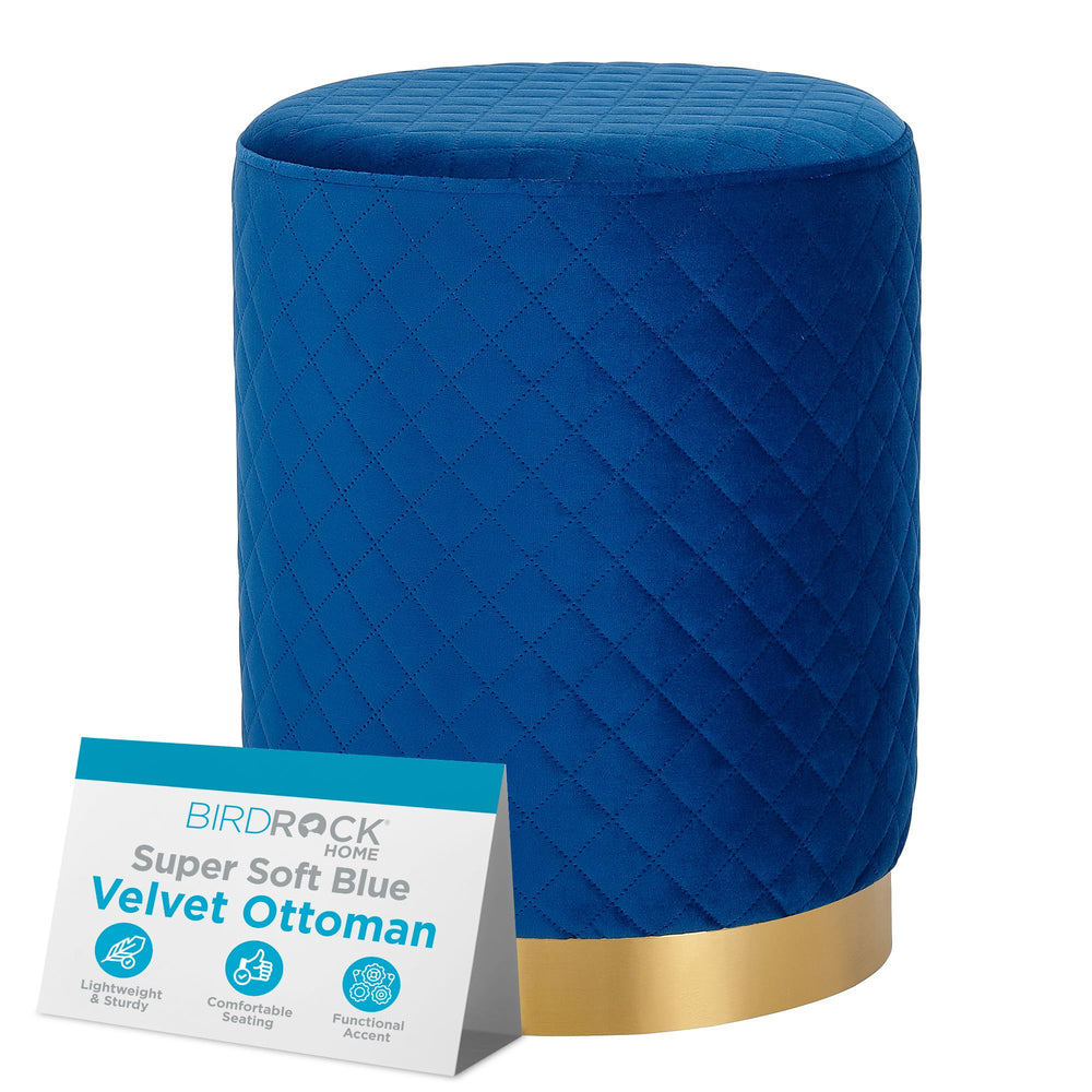 Velvet Round Ottoman Foot Stool – Lattice Design, Gold Trim, Blue