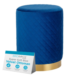 Velvet Round Ottoman Foot Stool – Lattice Design, Gold Trim, Blue