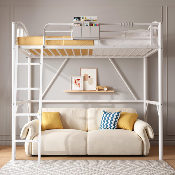 Twin Metal Loft Bed with Convertible Ladder & Guard Rails