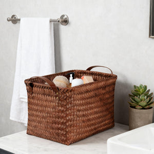 Woven Storage Baskets with Leather Handle