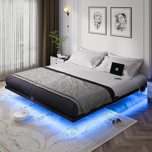 King Size Floating Metal Bed Frame with LED Light & Charging Station