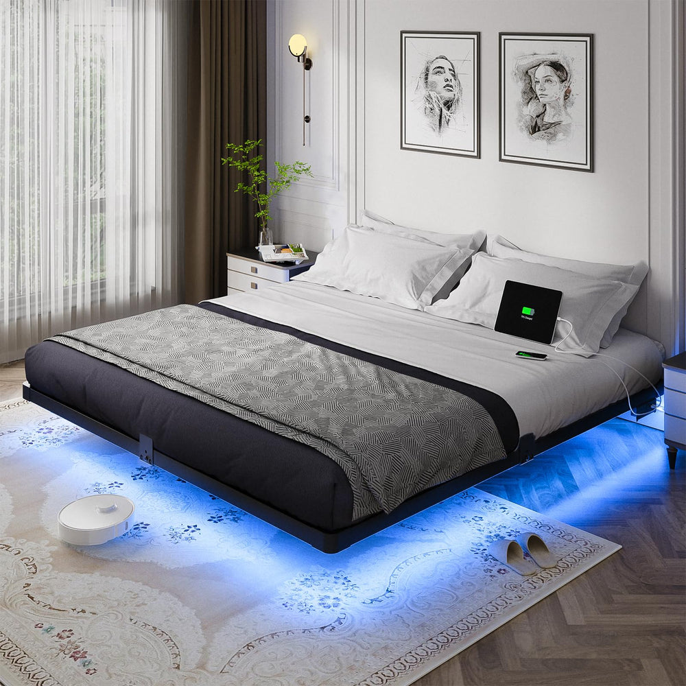 King Size Floating Metal Bed Frame with LED Light & Charging Station