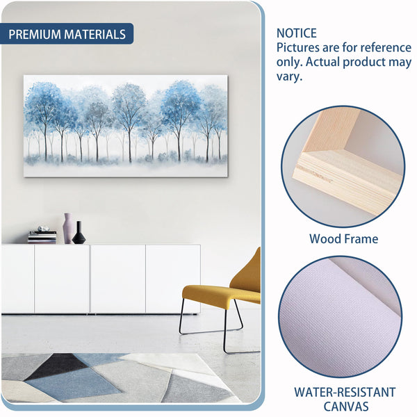 Blue Forest Canvas Wall Art – White Misty Trees Landscape, Multiple Sizes
