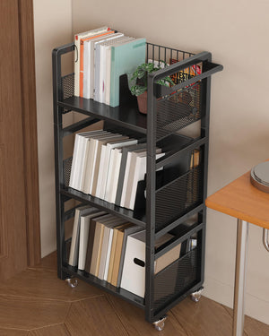 3-Tier Double-Sided Rolling Book Cart with Magnetic Supports