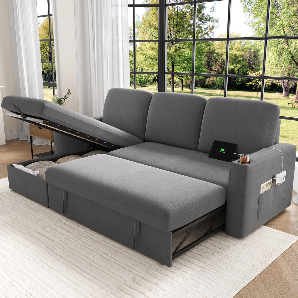 Sectional Sleeper Sofa Bed with Storage Chaise & Charging Station