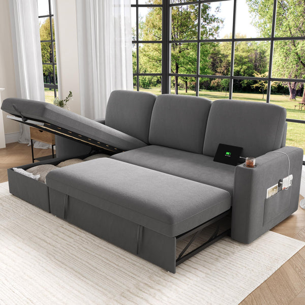 Sectional Sleeper Sofa Bed with Storage Chaise & Charging Station