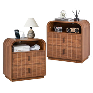 Mid-Century Modern Nightstand with Charging Station & 2 Drawers