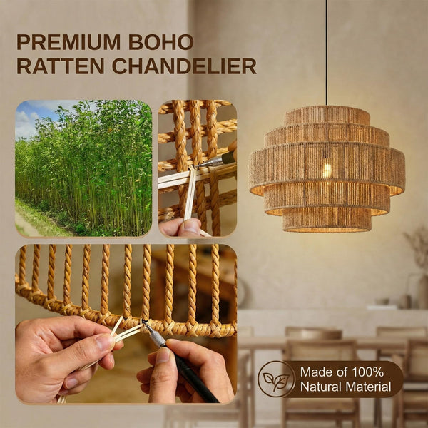 5-Tier Handwoven Rattan Pendant Chandelier 13" Boho Ceiling Light