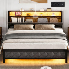 Queen Size Upholstered Bed Frame with LED Lights & Storage Headboard
